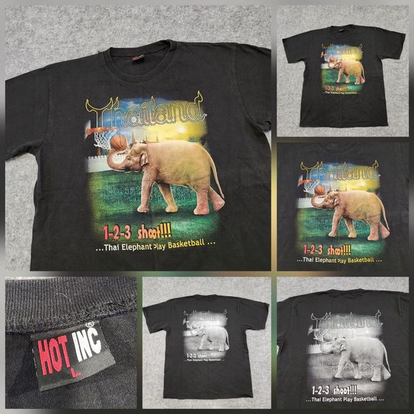 VTG Thailand Elephant Playing Basketball Mens L Large Animal Graphic T Shirt - Picture 1 of 11